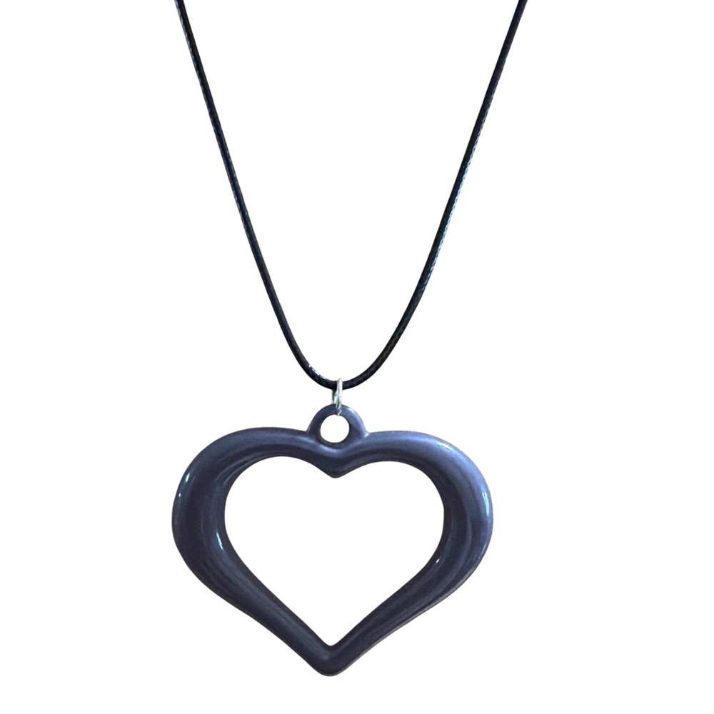 Slate Gray Open Heart Pendant Necklace Black Cord Adjustable Clasp